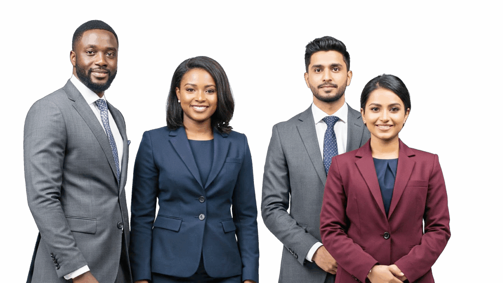 Four professional men at a front desk, smiling and welcoming visitors, representing the friendly and efficient service of ZIS PRIORITY, your trusted partner for Nigerian visa assistance.